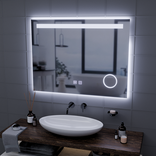 Oglinda LED Rectangulara, 80x60cm, Piano Touch, Sistem Dezaburire, Dimabila, Lumina Rece 6000K