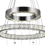 Lustra LED suspendata cu telecomanda si cristal 50W, 2 Cercuri, lumina Rece/Calda/Neutra, Dimabila, Crom Lucios, Inaltime Reglabila
