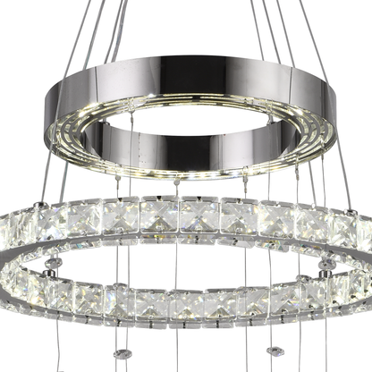 Lustra LED suspendata cu telecomanda si cristal 50W, 2 Cercuri, lumina Rece/Calda/Neutra, Dimabila, Crom Lucios, Inaltime Reglabila