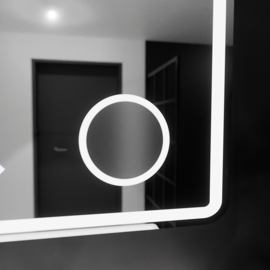 Oglinda LED Rectangulara, 80x60cm, Riflesso MotionGlow Marcello, Sistem Dezaburire, Ceas & Termometru, Lupa Cosmetica, Dimabila