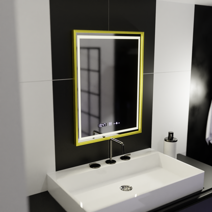 Oglinda LED Rectangulara, 50x70cm, Verite Royale Gold Motion Glow Marcello, Sistem Dezaburire, Ceas & Termometru, Dimabila
