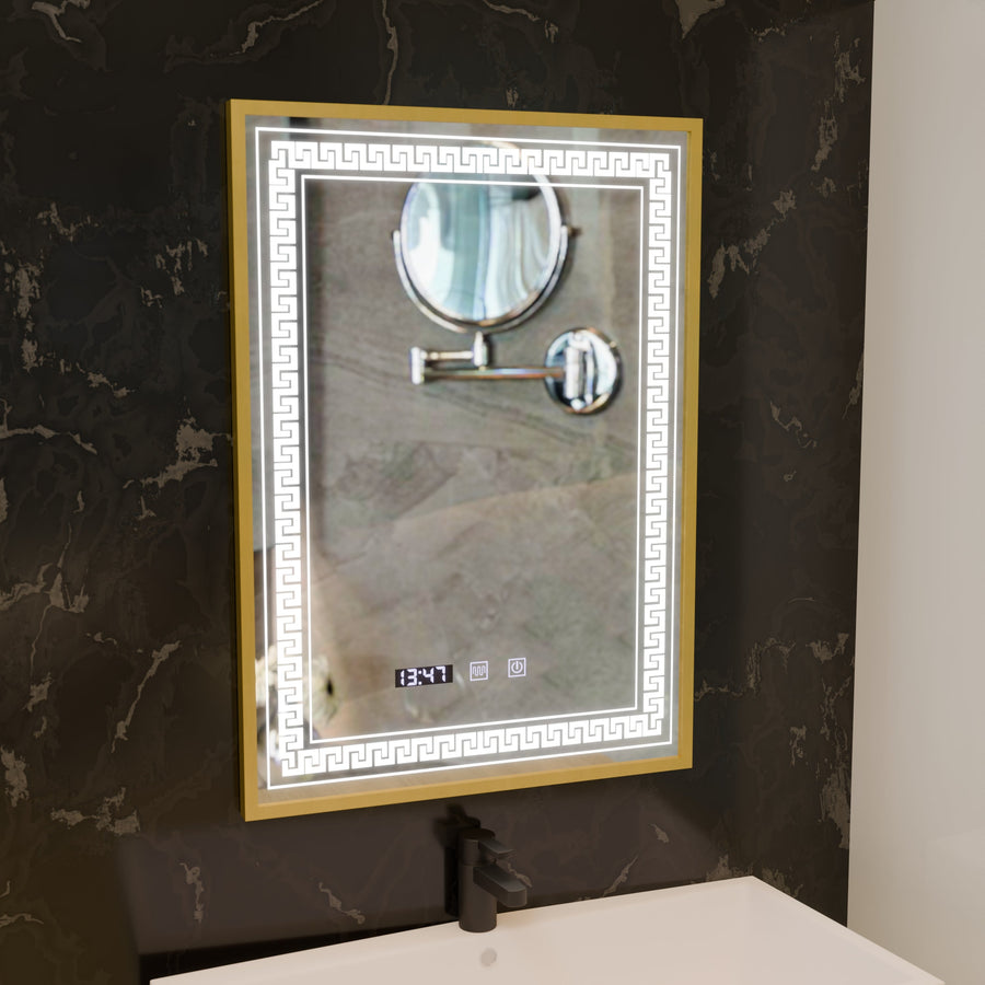Oglinda LED Touch Bruno Sistem Dezaburire, Ceas si Temperatura 60x80 cm Rama Auriu Brushed, S84/60X80