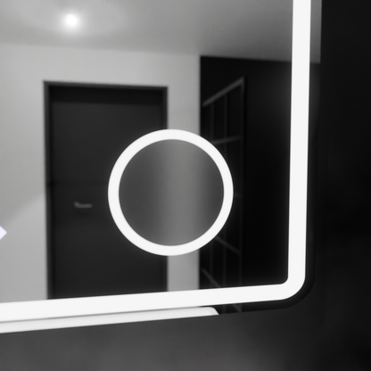 Oglinda LED Rectangulara, 90x75cm, Riflesso MotionGlow Marcello, Sistem Dezaburire, Ceas & Termometru, Lupa Cosmetica, Dimabila