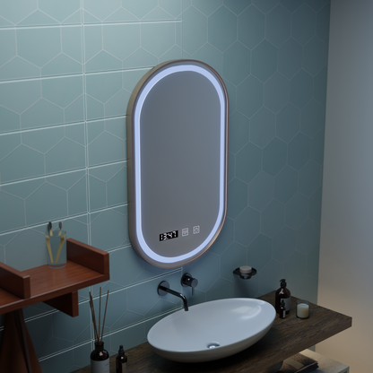 Oglinda LED Touch Konrad Sistem Dezaburire, Ceas si Temperatura 50x80 cm Rama Auriu Brushed, Lumina Calda Neutra Rece 3000K/4000K/6000K