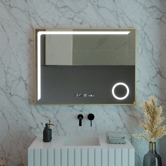 Oglinda LED Senzor MotionGlow Rosalia 80x60 cm Lumina Calda/Rece/Neutra Dimabila Sistem Dezaburire Termometru Ceas Colectia Marcello Funghi