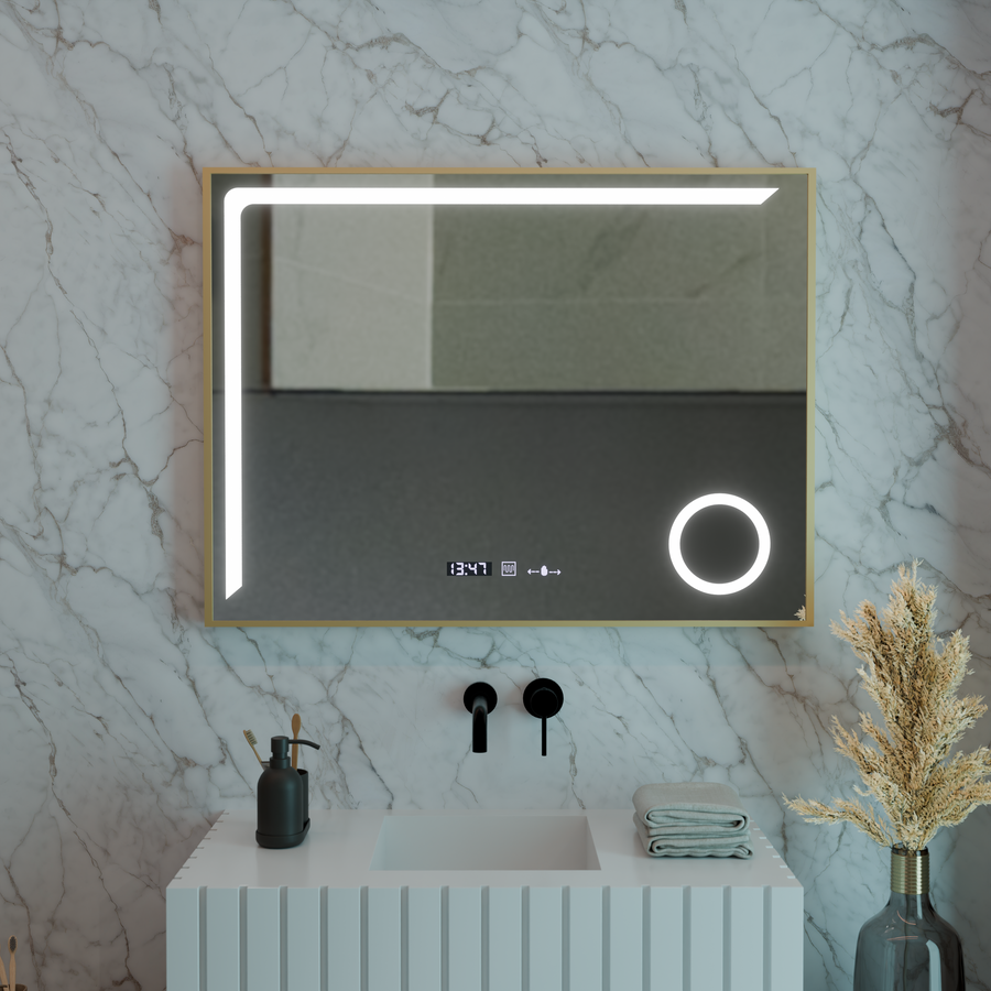 Oglinda LED Senzor MotionGlow Rosalia 80x60 cm Lumina Calda/Rece/Neutra Dimabila Sistem Dezaburire Termometru Ceas Colectia Marcello Funghi