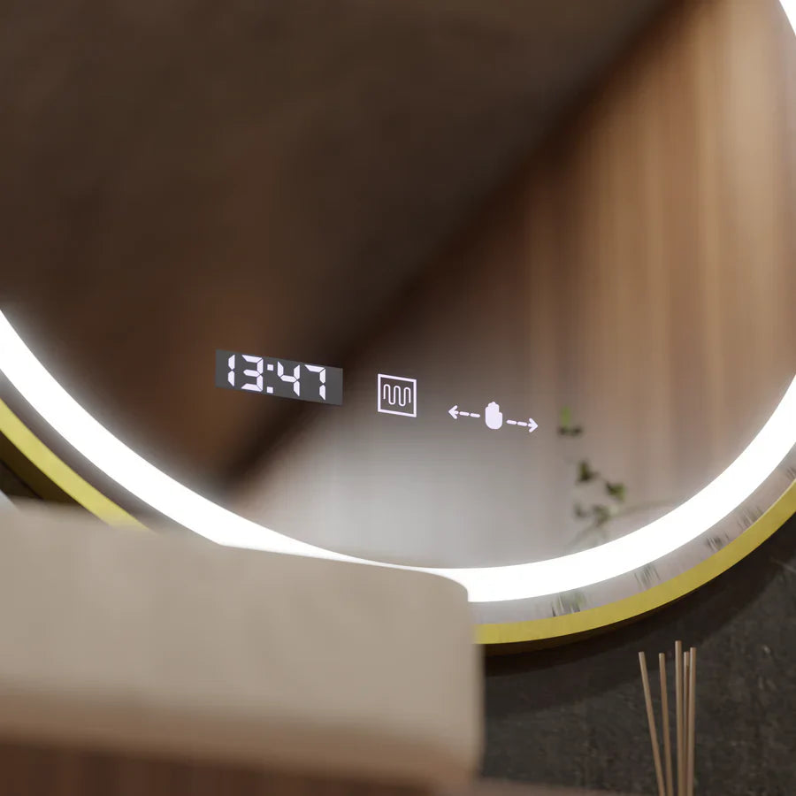 Oglinda LED Rotunda, 60cm, Celeste Royale Gold Eleve MotionGlow Marcello, Sistem Dezaburire, Ceas & Termometru, Dimabila, Curea Detasabila