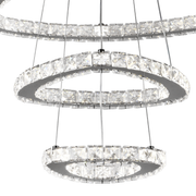 Lustra LED suspendata cu telecomanda si cristal PRISM LUMORA 63W, 3 Cercuri, lumina Rece/Calda/Neutra, Dimabila, Crom Lucios, Inaltime Reglabila