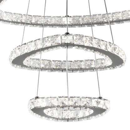 Lustra LED suspendata cu telecomanda si cristal PRISM LUMORA 63W, 3 Cercuri, lumina Rece/Calda/Neutra, Dimabila, Crom Lucios, Inaltime Reglabila