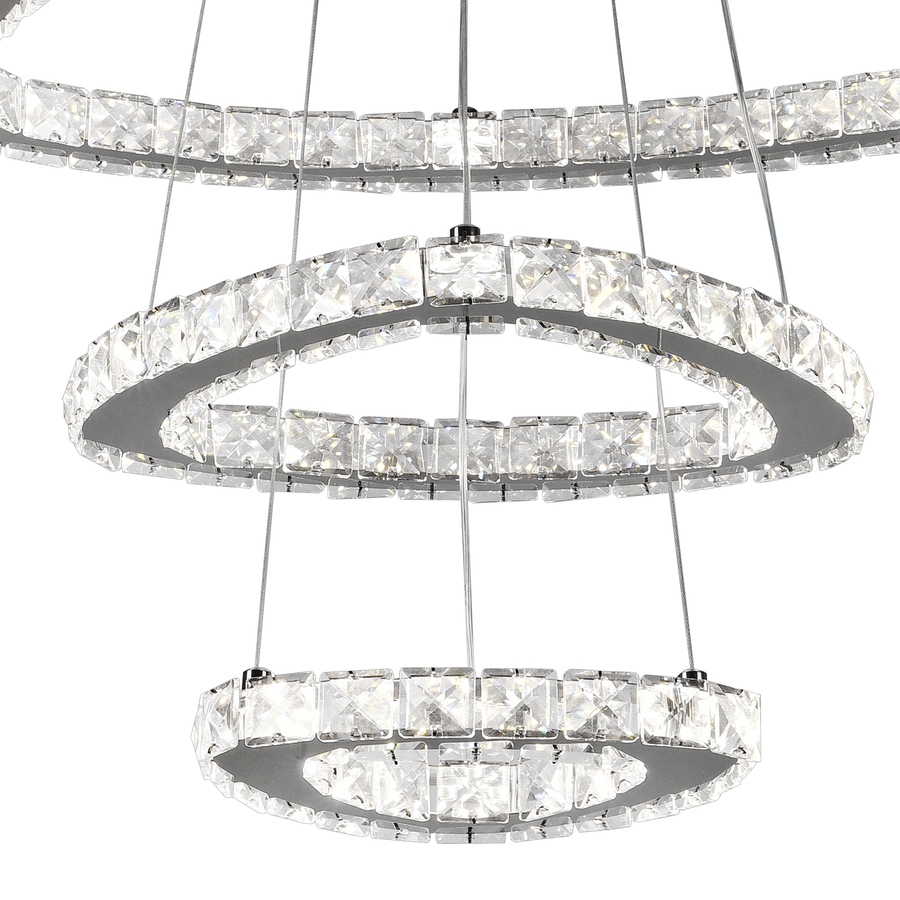 Lustra LED suspendata cu telecomanda si cristal PRISM LUMORA 63W, 3 Cercuri, lumina Rece/Calda/Neutra, Dimabila, Crom Lucios, Inaltime Reglabila