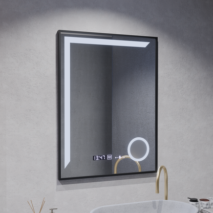 Oglinda LED Senzor MotionGlow Francesca 60x80 cm Lumina Calda/Rece/Neutra Dimabila Rama Negru Brushed Sistem Dezaburire Termometru Ceas Colectia Marcello Funghi