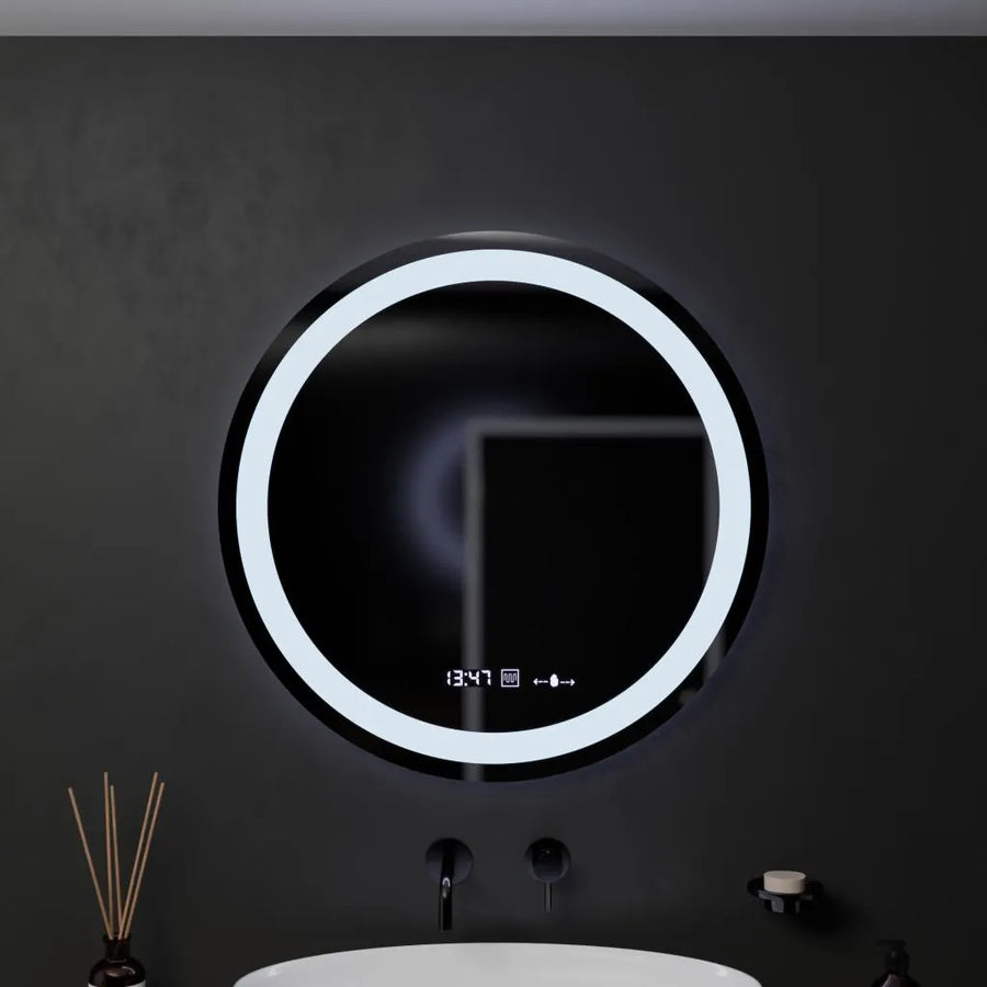 Oglinda LED Rotunda, 60cm, Celeste MotionGlow Marcello, Sistem Dezaburire, Ceas & Termometru, Dimabila, Lumina Calda Neutra Rece 3000K/4000K/6000K
