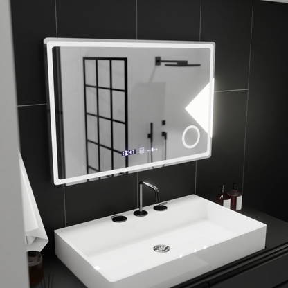 Oglinda LED Rectangulara, 90x60cm, Velour MotionGlow Marcello, Sistem Dezaburire, Ceas & Termometru, Lupa Cosmetica,  Dimabila