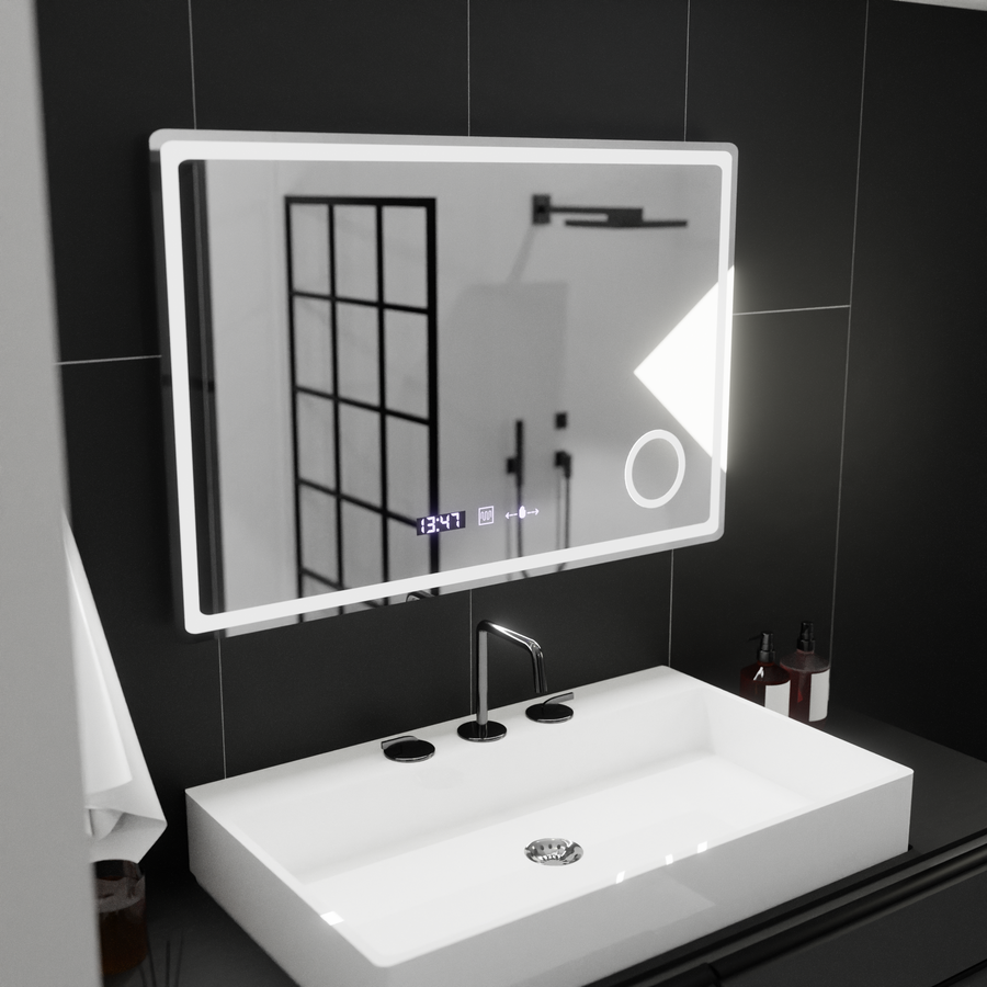 Oglinda LED Rectangulara, 90x60cm, Velour MotionGlow Marcello, Sistem Dezaburire, Ceas & Termometru, Lupa Cosmetica,  Dimabila