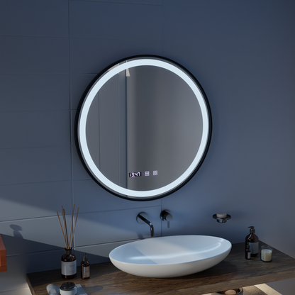Oglinda LED Touch NOVARA Sistem Dezaburire, Ceas si Temperatura 60 cm Rama Negru Brushed