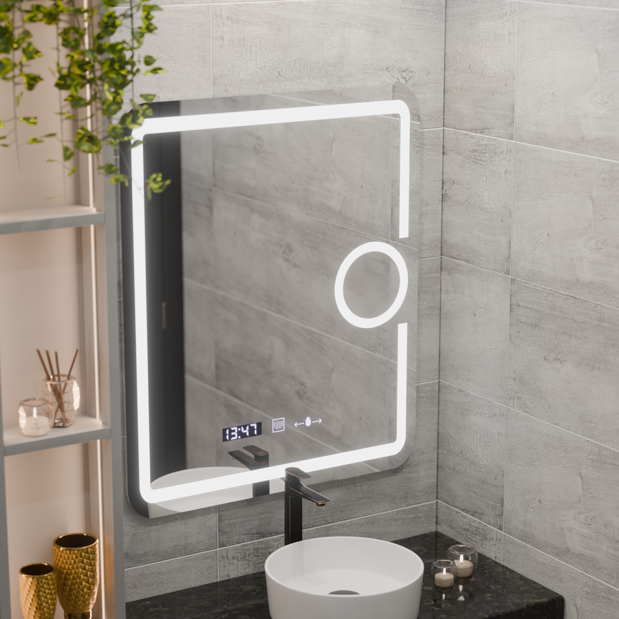 Oglinda LED Rectangulara, 75x90cm, Eclat MotionGlow Marcello, Sistem Dezaburire, Ceas & Termometru, Lupa Cosmetica, Dimabila