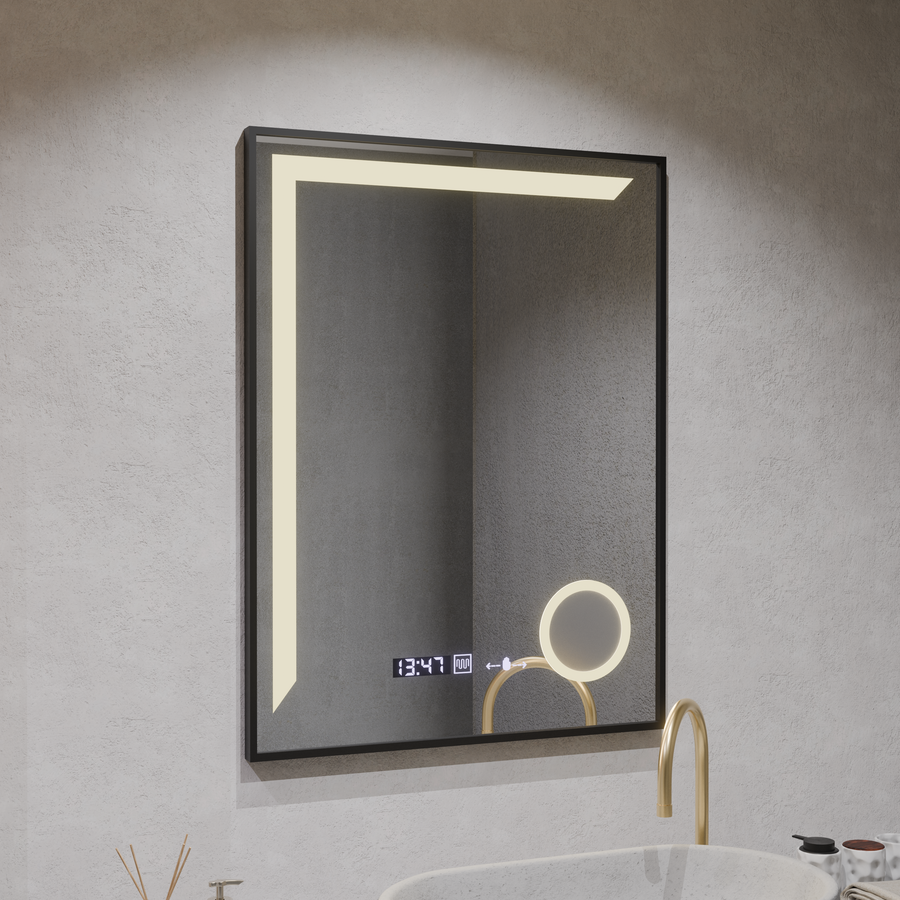Oglinda LED Senzor MotionGlow Francesca 60x80 cm Lumina Calda/Rece/Neutra Dimabila Rama Negru Brushed Sistem Dezaburire Termometru Ceas Colectia Marcello Funghi