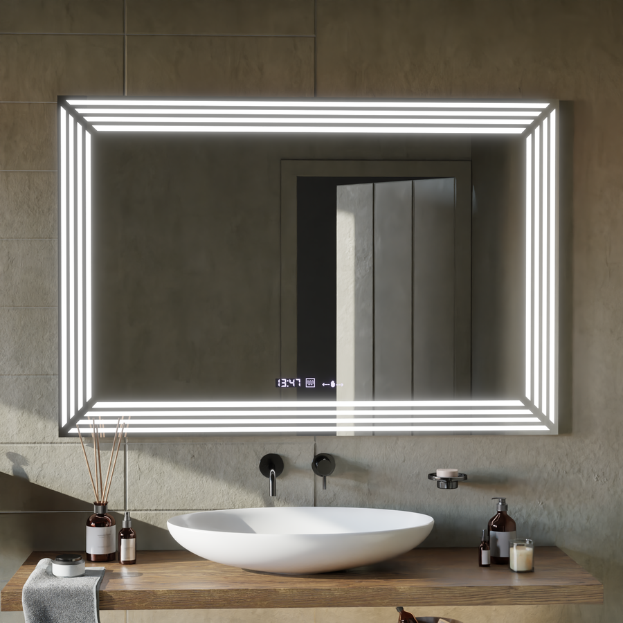 Oglinda LED Rectangulara, 110x65cm, Venezia Senzor MotionGlow Marcello, Sistem Dezaburire, Ceas & Termometru, Dimabila