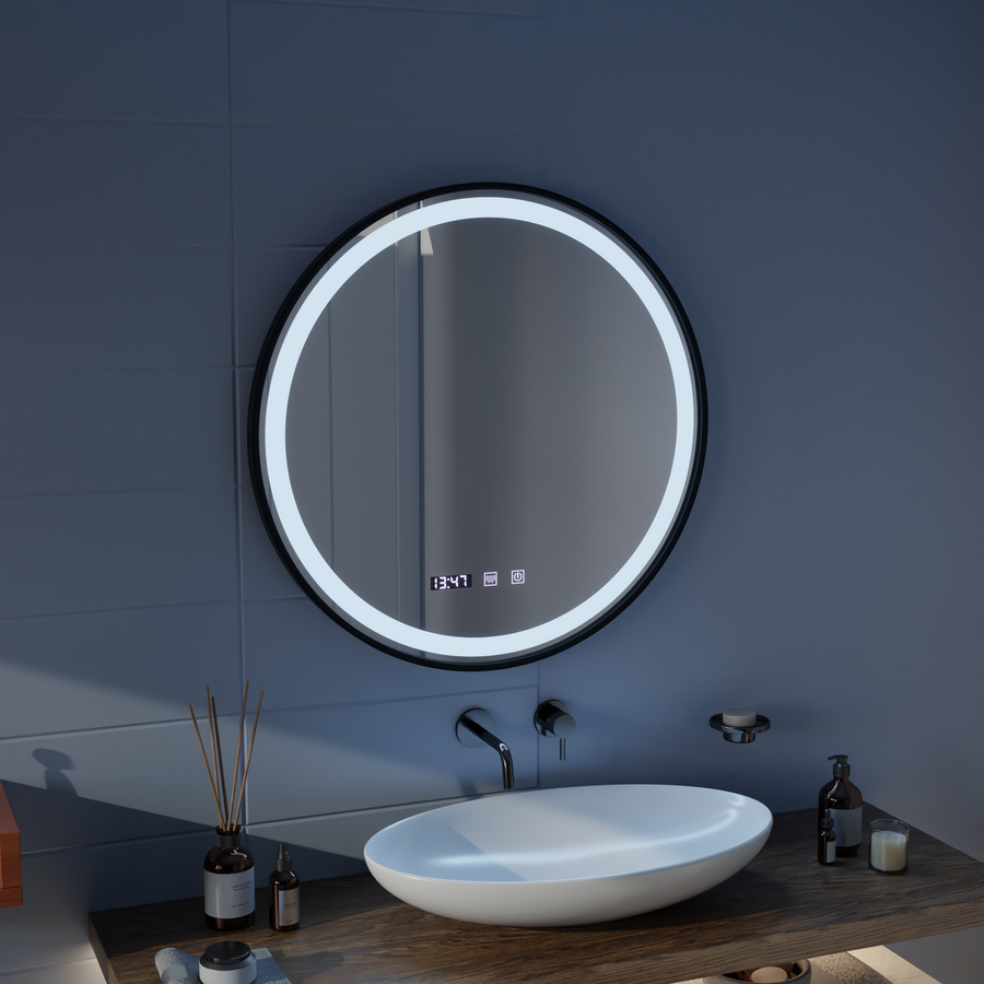 Oglinda LED Touch NOVARA Sistem Dezaburire, Ceas si Temperatura 50 cm Rama Negru Brushed