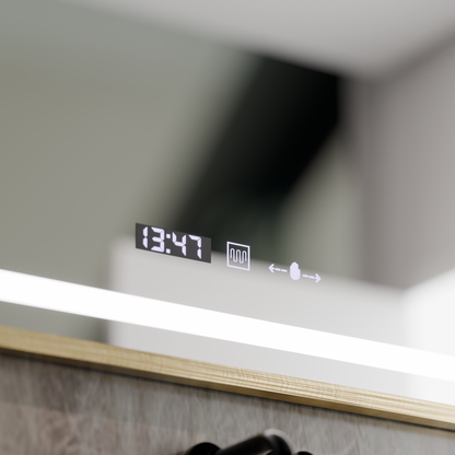 Oglinda LED Rectangulara, 120x80cm, Eclat MotionGlow Marcello, Sistem Dezaburire, Ceas & Termometru, Lupa Cosmetica, Dimabila, Rama Auriu Brushed