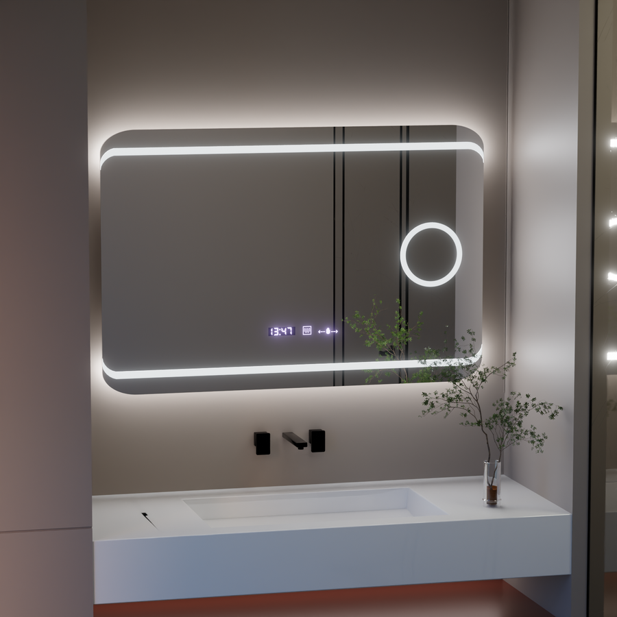 Oglinda LED Rectangulara, 100x60cm, Definition MotionGlow Marcello, Sistem Dezaburire, Ceas & Termometru, Lupa Cosmetica, Dimabila