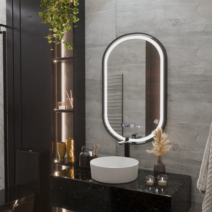 Oglinda LED Touch Helmut, Sistem Dezaburire, Ceas si Temperatura 45x90 cm, Rama Negru, Brushed Marcello Funghi
