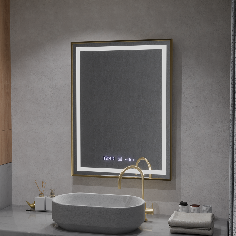 Oglinda LED Rectangulara, 60x80cm, Verite Royale Gold MotionGlow Marcello, Sistem Dezaburire, Ceas & Termometru, Dimabila