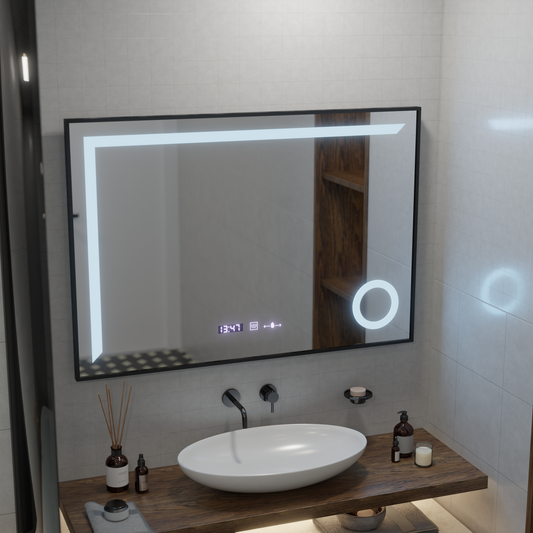 Oglinda LED Senzor MotionGlow Sofia cu functie Dezaburire Termometru Ceas 110x75 cm Lumina Calda/Rece/Neutra Dimabila,Rama Negru Brushed, Colectia Marcello Funghi