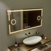 Oglinda LED Senzor MotionGlow Isabell cu functie Dezaburire Termometru Ceas 120x80 cm Lumina Calda/Rece/Neutra Dimabila, Rama Rose Gold Brushed, Colectia Marcello Funghi