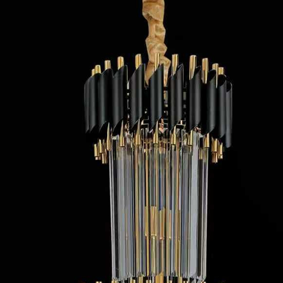 Candelabru Cristal CC900/600X1800, 27xE14, Diametru 60cm, Inaltime 180cm, Auriu Lucios si Negru, Inaltime Reglabila, Design Elegant