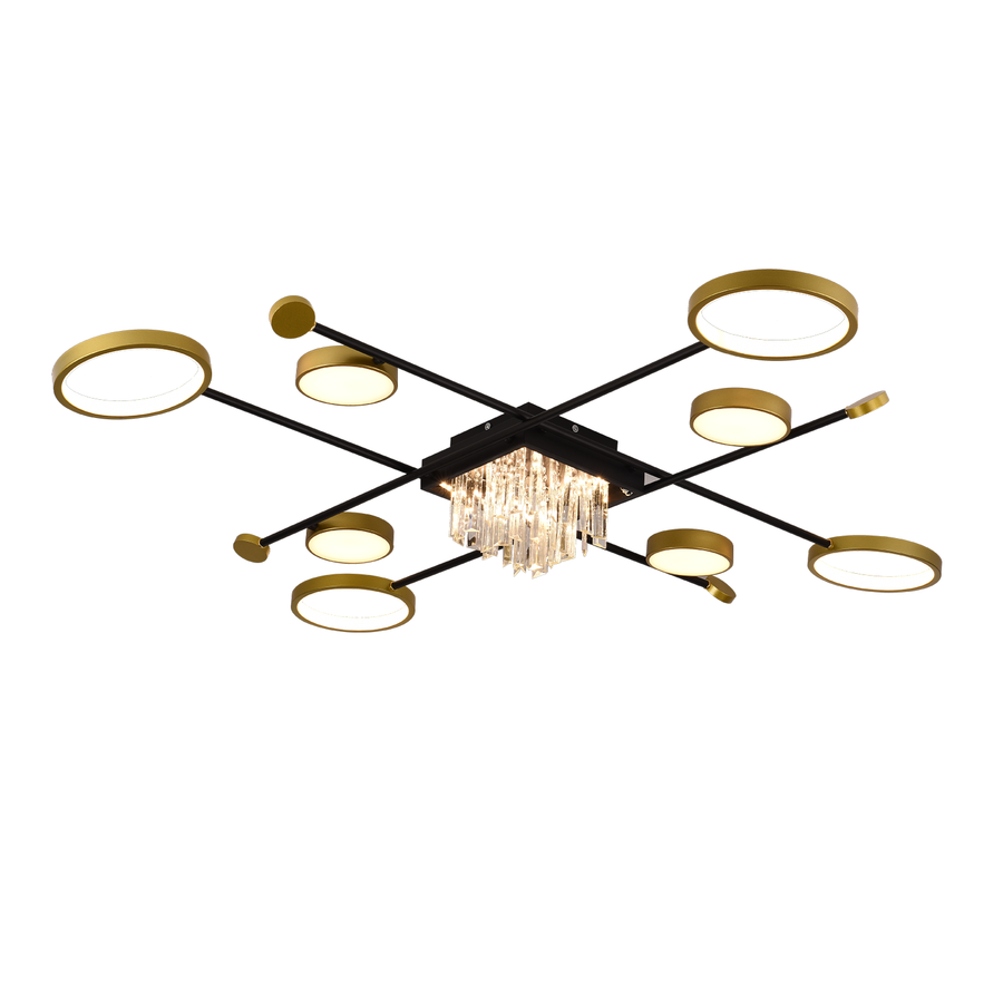 Lustra LED cu telecomanda si cristal GUIDA 46W, 8 Elemente, lumina Rece/Calda/Neutra, Dimabila, Negru Auriu