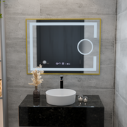 Oglinda LED Rectangulara, 80x60cm, Eclat MotionGlow Marcello, Sistem Dezaburire, Ceas & Termometru, Lupa Cosmetica, Dimabila, Rama Auriu Brushed