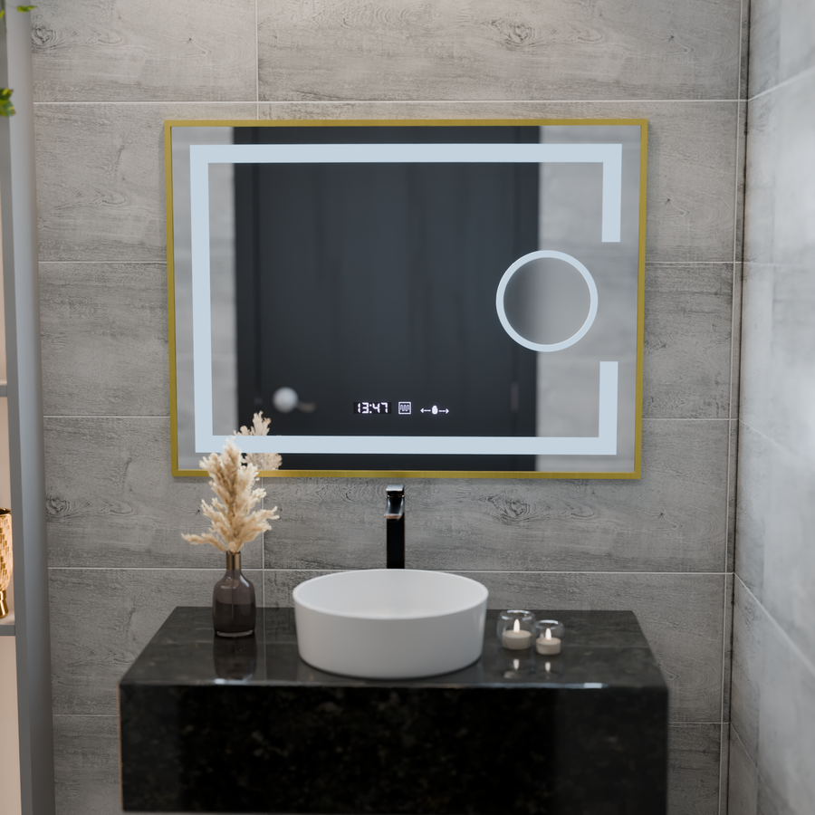 Oglinda LED Rectangulara, 80x60cm, Eclat MotionGlow Marcello, Sistem Dezaburire, Ceas & Termometru, Lupa Cosmetica, Dimabila, Rama Auriu Brushed