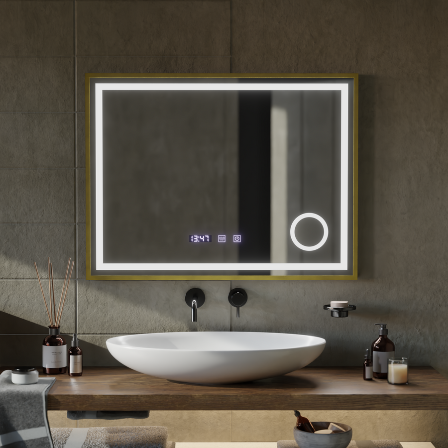 Oglinda LED Touch CLARUS Sistem Dezaburire, Ceas si Temperatura 80x60 cm Rama Auriu Brushed Lupa Cosmetica