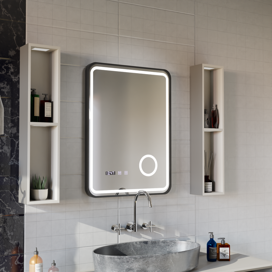 Oglinda LED Touch Ulrich Sistem Dezaburire, Ceas si Temperatura 75x90 cm Rama Negru Brushed Lupa Cosmetica