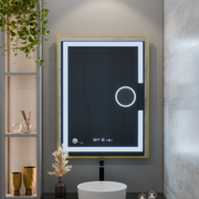 Oglinda LED Rectangulara, 60x80cm, Eclat MotionGlow Marcello, Sistem Dezaburire, Ceas & Termometru, Lupa Cosmetica, Dimabila, Rama Auriu Brushed