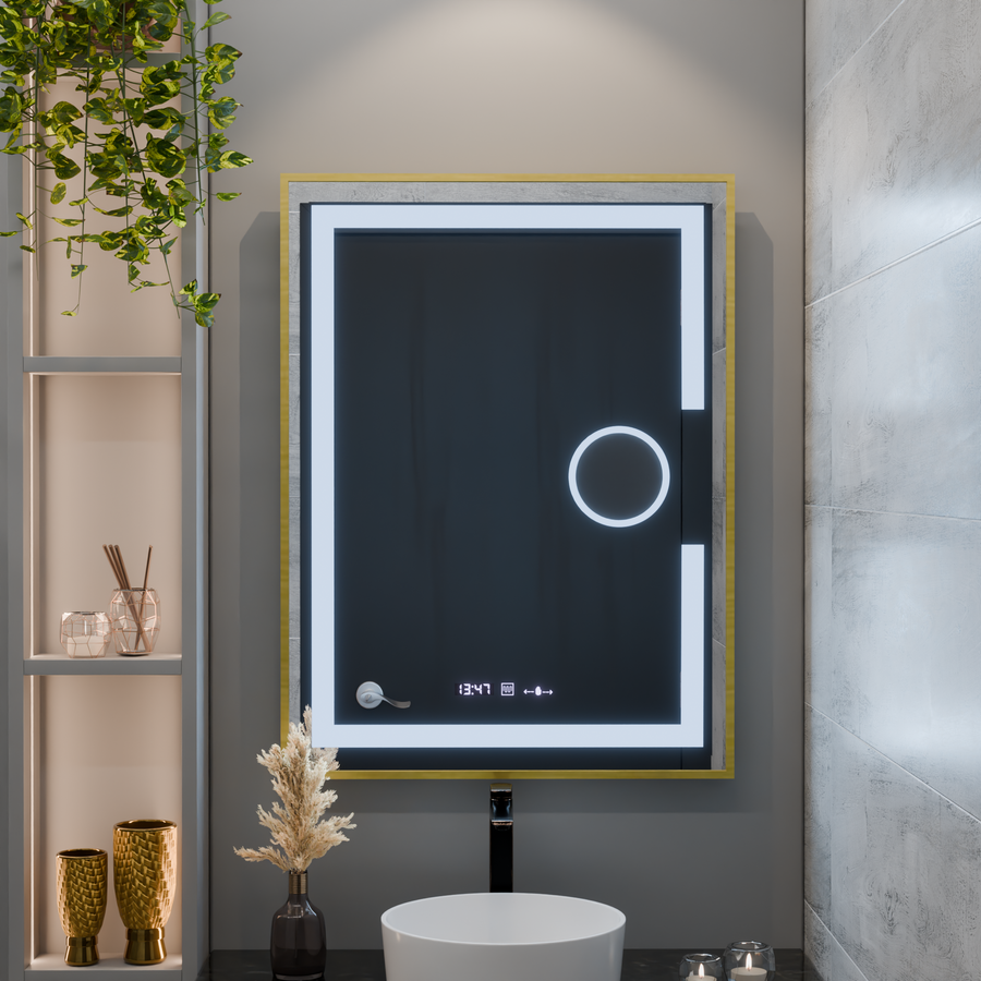 Oglinda LED Rectangulara, 60x80cm, Eclat MotionGlow Marcello, Sistem Dezaburire, Ceas & Termometru, Lupa Cosmetica, Dimabila, Rama Auriu Brushed