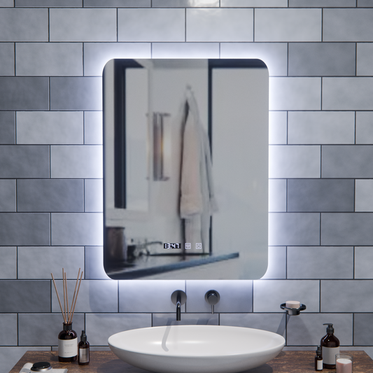 Oglinda LED Dreptunghiulara ARTAR Touch, 60X80cm, Sistem Dezaburire, Dimabila, Ceas si Temperatura, Lumina Calda Neutra Rece 3000K/4000K/6000K