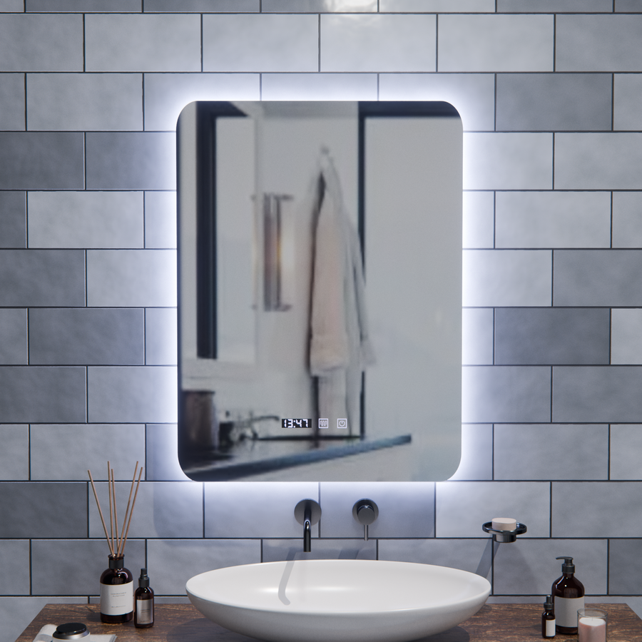 Oglinda LED Dreptunghiulara ARTAR Touch, 60X80cm, Sistem Dezaburire, Dimabila, Ceas si Temperatura, Lumina Calda Neutra Rece 3000K/4000K/6000K