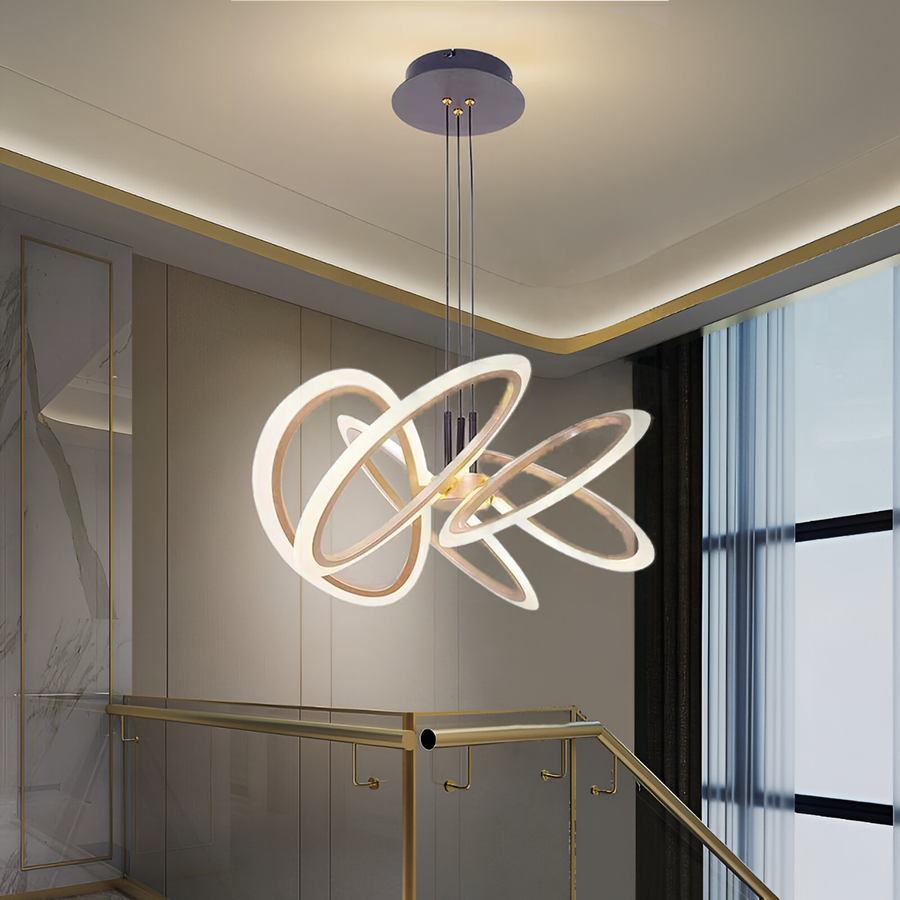 Lustra LED suspendata cu Telecomanda RIMINI 86W, 5 Elemente, lumina Rece/Calda/Neutra, Dimabila, Auriu