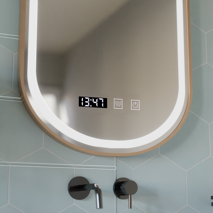 Oglinda LED Touch Konrad Sistem Dezaburire, Ceas si Temperatura 50x80 cm Rama Auriu Brushed, Lumina Calda Neutra Rece 3000K/4000K/6000K