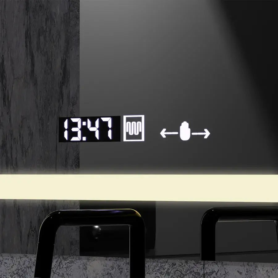 Oglinda LED Rectangulara, 80x60cm, Definition MotionGlow Marcello, Sistem Dezaburire, Ceas & Termometru, Lupa Cosmetica, Dimabila