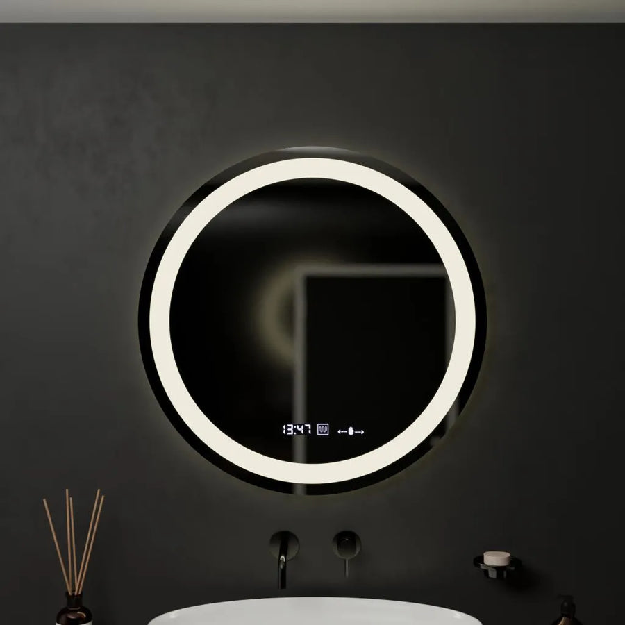 Oglinda LED Rotunda, 60cm, Celeste MotionGlow Marcello, Sistem Dezaburire, Ceas & Termometru, Dimabila, Lumina Calda Neutra Rece 3000K/4000K/6000K