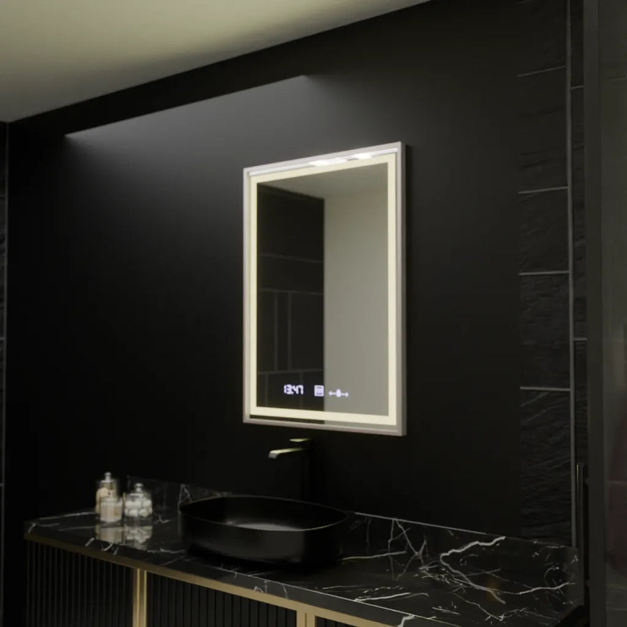 Oglinda LED Rectangulara, 60x80cm, Verite Imperial Silver Motion Glow Marcello, Sistem Dezaburire, Ceas & Termometru, Dimabila