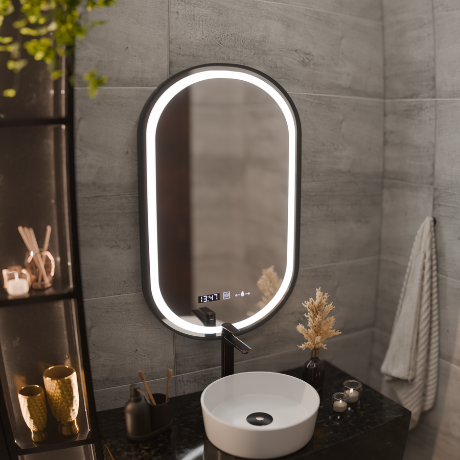 Oglinda LED Touch Helmut Sistem Dezaburire, Ceas si Temperatura 50x80 cm Rama Negru Brushed Marcello Funghi