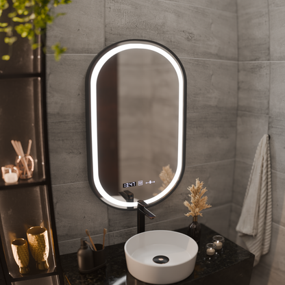 Oglinda LED Touch Helmut, Sistem Dezaburire, Ceas si Temperatura 45x90 cm, Rama Negru, Brushed Marcello Funghi