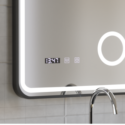 Oglinda LED Touch Ulrich Sistem Dezaburire, Ceas si Temperatura 75x90 cm Rama Negru Brushed Lupa Cosmetica