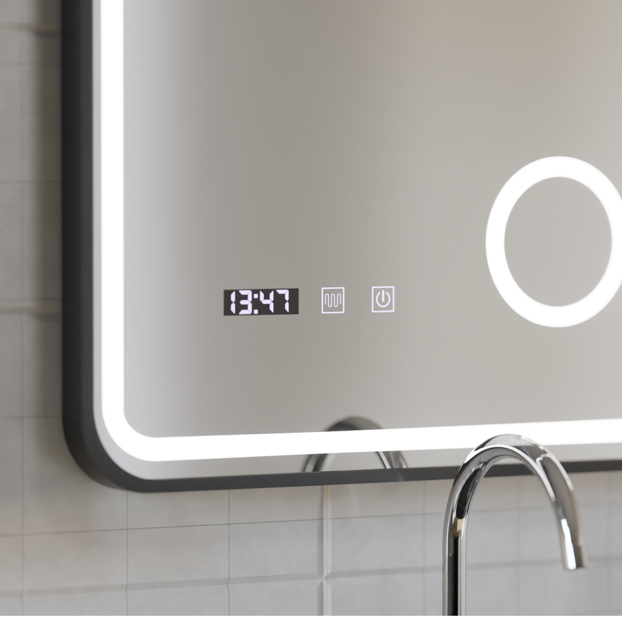 Oglinda LED Touch Ulrich Sistem Dezaburire, Ceas si Temperatura 75x90 cm Rama Negru Brushed Lupa Cosmetica