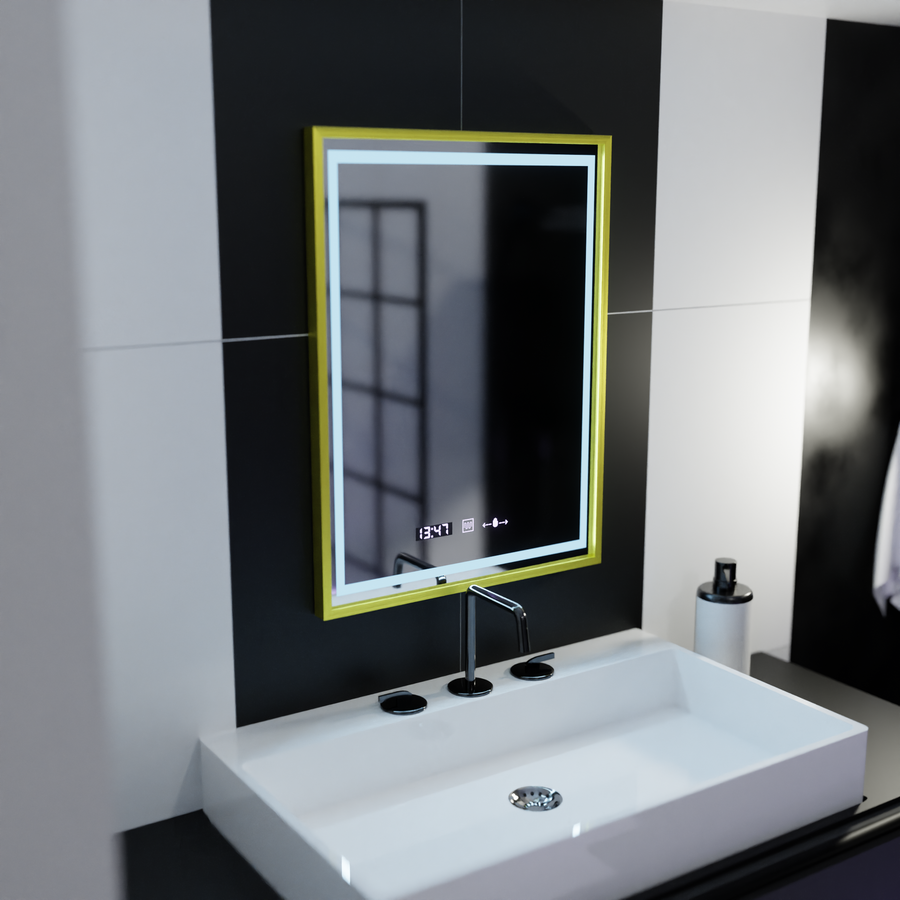 Oglinda LED Rectangulara, 50x70cm, Verite Royale Gold Motion Glow Marcello, Sistem Dezaburire, Ceas & Termometru, Dimabila
