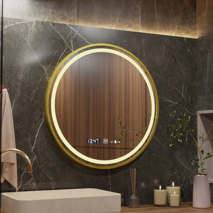 Oglinda LED Rotunda, 60cm, Celeste Royale Gold Eleve MotionGlow Marcello, Sistem Dezaburire, Ceas & Termometru, Dimabila, Curea Detasabila